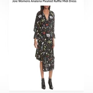 Joie Womens Analena Pleated Ruffle Midi Dress, Black, Large